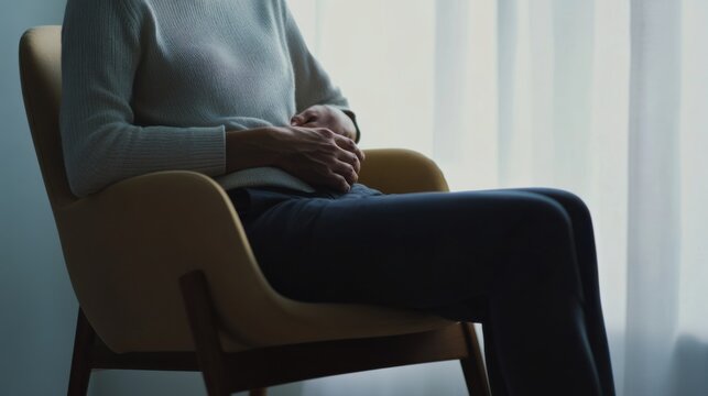 Abdominal pain from stress, a person sitting in a chair holding their stomach. Featuring discomfort and stress relief methods
