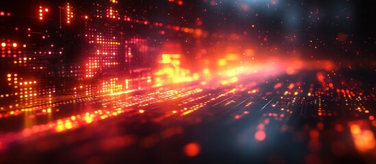 Obraz premium Abstract digital red and orange glowing city lights at night.