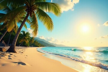 Obraz premium Golden sand, sparkling water, palm trees silhouette, water, travel