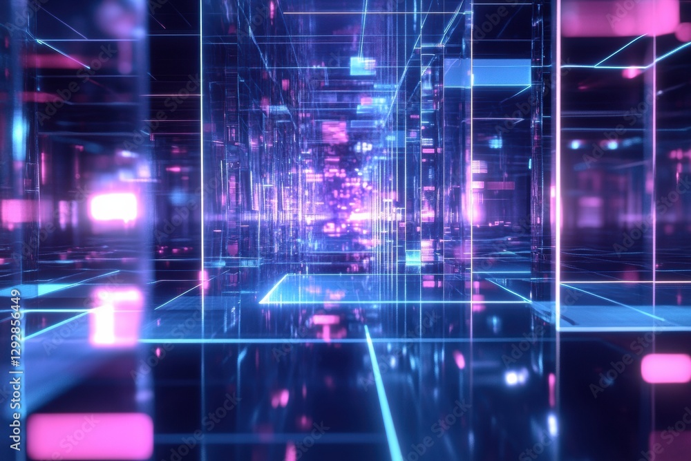 Poster Futuristic digital tunnel with vibrant colors and glowing lines in a virtual reality setting. Generative AI