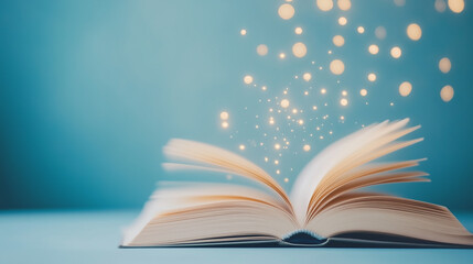 Literary Wonder: An open book with pages softly illuminated by glowing lights, conjuring a sense of magic and endless possibilities.