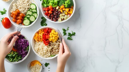 School cafeteria with students eating healthy grain bowls. Featuring quinoa, beans, and veggies