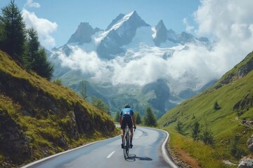 Fototapeta premium Cyclist riding uphill on a mountain road with Mont Blanc in the background