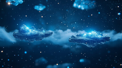 Floating Islands in the Cosmos: Witness a celestial vista of floating islands, crowned with glittering lights, adrift in a cosmic ocean dotted with stars and celestial bodies.