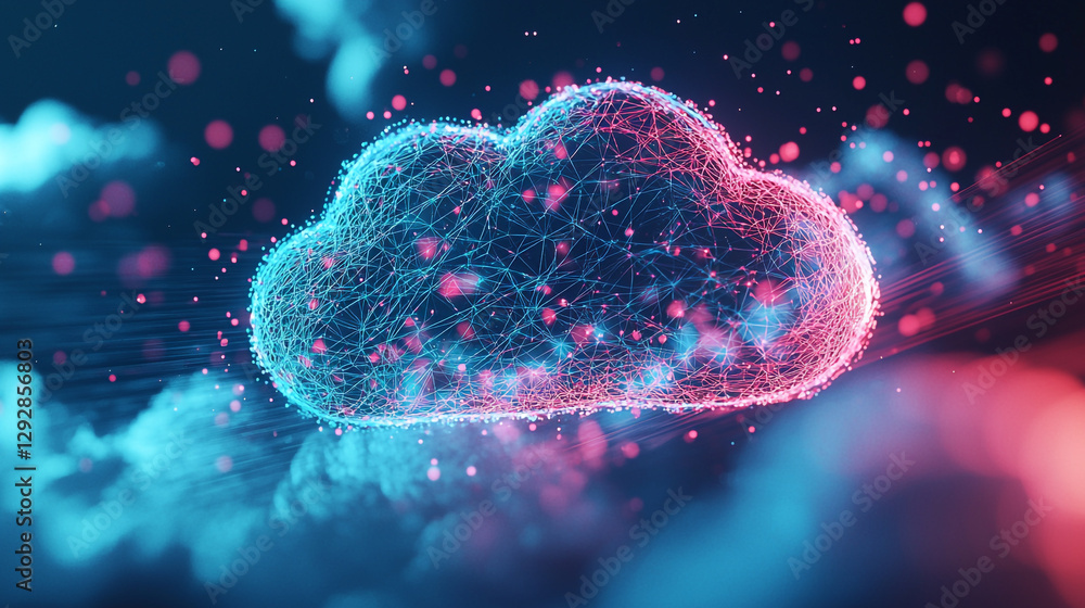 Poster abstract cloud computing network digital technology data pink blue web mesh nodes lines cyber server