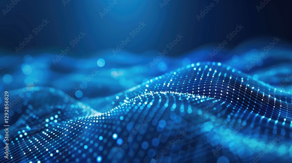 Poster an abstract blue background featuring waves of dots and lines that evokes a sense of depth and movem