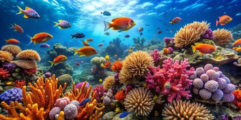 Vibrant Underwater Scene Showcasing a Thriving Coral Reef Ecosystem with Colorful Fish and Diverse Coral Formations