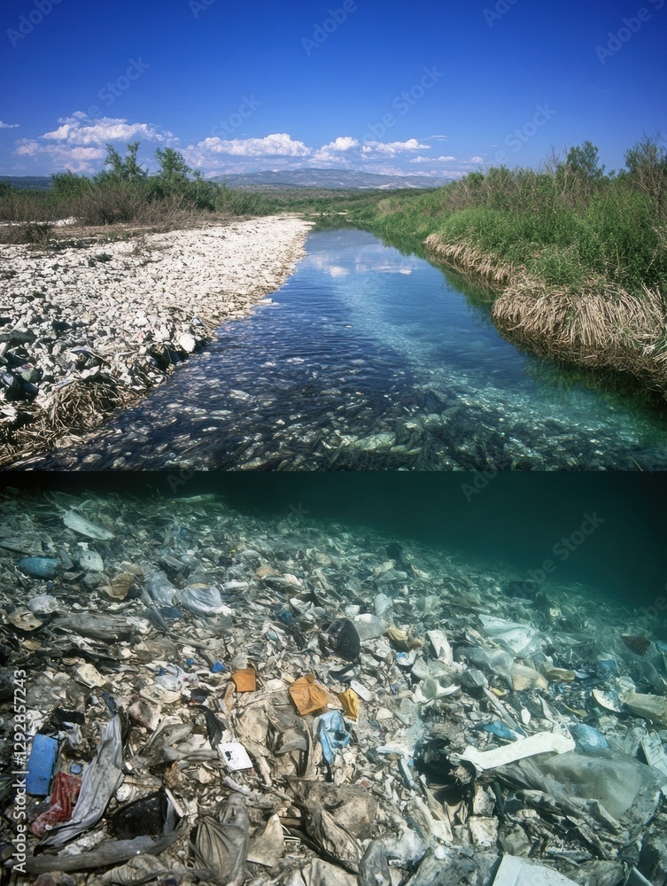 Poster contrasting a polluted river with a pristine stream showcasing the impact of pollution on our waterw