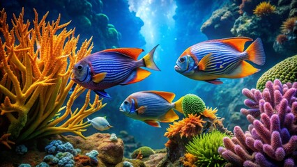 Obraz premium Vibrant Reef Inhabitants Three Striking Tropical Fish Gracefully Swim Amidst a Lush Coral Garden, Showcasing the Beauty of Underwater Ecosystems