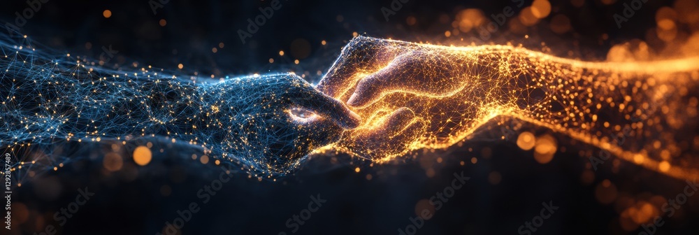 Leinwandbilder Abstract representation of agreement and trust between two hands in a digital landscape. Generative AI