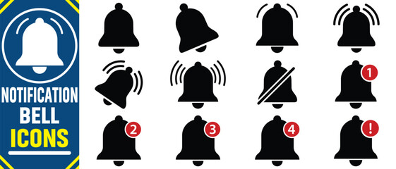 Notification bell icon. Alarm symbol. Incoming inbox message. Ringing bells.Alarm clock and smartphone application alert. Notice message.Set of ringing bells with new notification. Vector illustration
