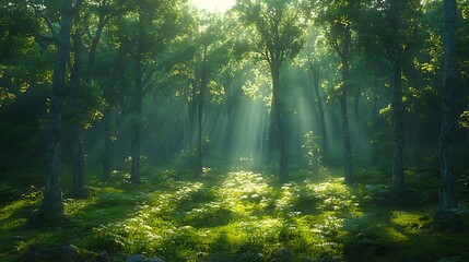 Sunbeams pierce misty forest, green foliage, tranquil nature scene, ideal for background