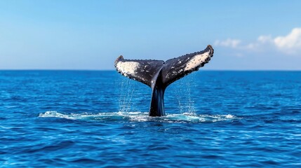 Fototapeta premium Whale tail ocean dive blue water background marine wildlife