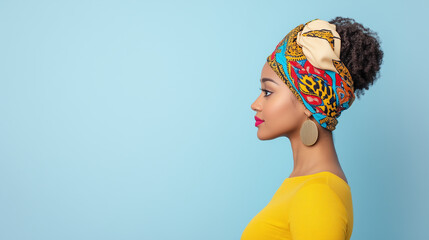 Naklejka premium Radiant Profile: A woman in vibrant attire turns her head in profile, framed by a brightly colored headwrap. She stands confidently, showcasing a blend of style and poise.