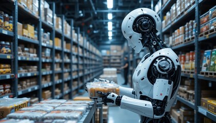 Fototapeta premium Advanced Robot Handling Inventory in Modern Warehouse Automated Logistics System