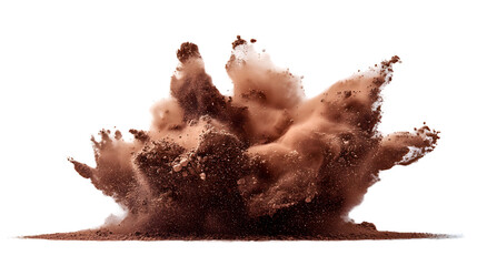 A dramatic explosion of rich, dark brown earth against a stark white background, showcasing a powerful moment of raw natural energy with swirling textures and dynamic movement.