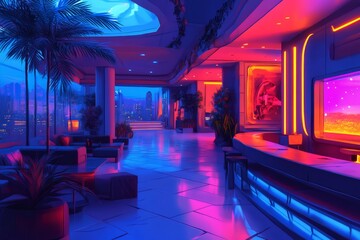 Futuristic cyberpunk bar illuminating night cityscape with neon lights