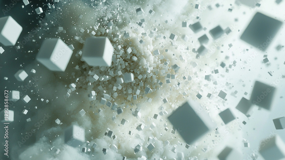 Aufkleber abstract white cubes exploding in a cloud of dust and fog 3d art grey light style motion energy
