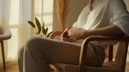 Abdominal pain from stress, a person sitting on a chair with a hand on their stomach. Featuring discomfort and stress-relief techniques