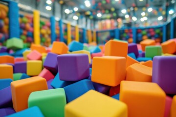 Fototapeta premium Colorful foam blocks on the trampoline center s play area