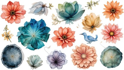 Fototapeta premium Colorful floral illustration collection art studio digital artwork nature aerial view beauty