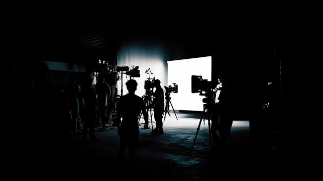 Silhouette images of video production behind the scenes or b-roll or making of TV commercial movie that film crew team lightman and cameraman working together with director in big studio