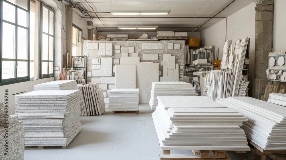 Poster bright workshop filled with stacked white materials and tools for sculpting and design projects