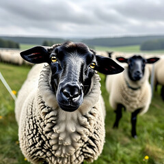 Fototapeta premium Curious Ovine Companions Gazing into the Verdant Expanse