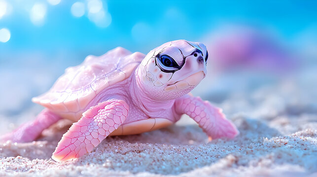 Pink turtle hatchling crawls on beach, ocean background; wildlife, nature