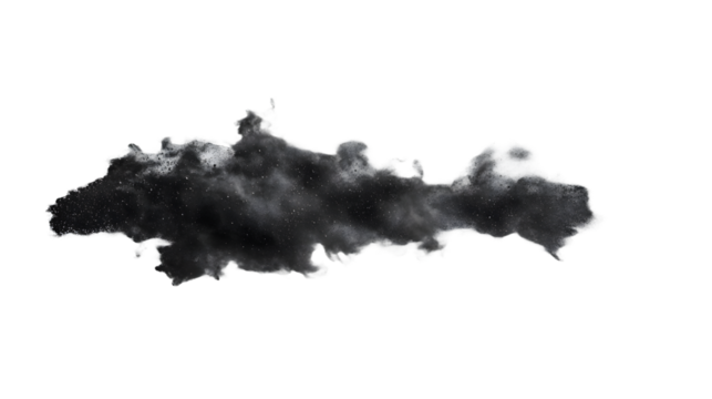 A cosmic dust cloud, adrift in the inky blackness of space, a swirling nebula of charcoal and starlight against a stark white backdrop.