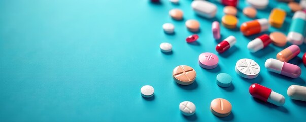 Assorted pills scattered on vibrant blue background, cure, copy space
