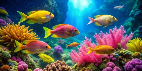 Obraz premium Vibrant Reef Scene Featuring Colorful Fish and Coral Formations Swimming in a Sunlit Underwater Paradise