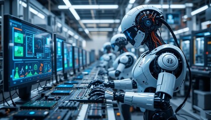 Fototapeta premium Futuristic Robots Working on Computer Network in Modern Factory