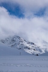 Snowy mountain ski-lift no people, blue sky, azure, air, freshness, ecology. High quality photo