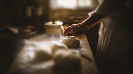 Warm intimate kitchen scene with grandmother kneading dough for family gathering