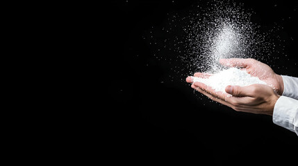 Hands holding flour, explosion, black background, baking