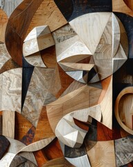 Abstract wood art, geometric shapes and textures in various shades of brown, beige and black.