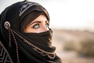 Naklejka premium Minimalistic photo of a woman in a Moroccan tarboosh, extreme close-up focusing on the tassel movement and her bright, engaging eyes, softly blurred background.