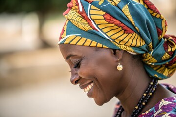 Obraz premium Minimalistic photo of an African woman in a colorful gele headwrap, extreme close-up showcasing the detailed folds and her radiant smile, softly blurred background.