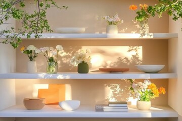 Bright Minimalist Floral Display On Shelves, Soft Colors, Natural Light Creating Inviting Home Office Backdrop For Zoom Meetings