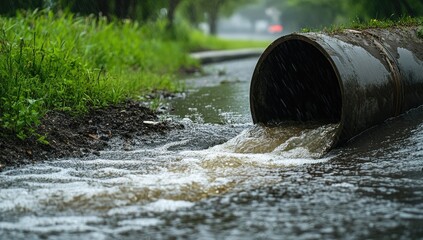 Overflowing storm drain pipe in urban waterway after rain
