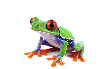 Obraz premium Colorful Red-Eyed Tree Frog Sitting Elegantly on White Background with Playful Charm
