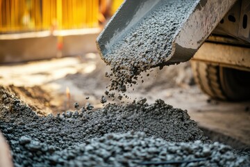Naklejka premium Concrete is dumped from the mixer truck onto granite rubble
