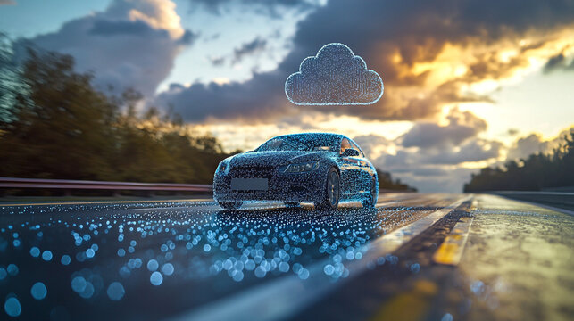 Modern connected car driving on a highway at sunset with cloud computing concept road data blue dark