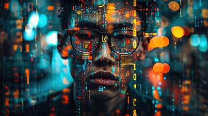Close-up portrait of a young man, his face overlaid with digital data and city lights at night, conveying concepts of technology, innovation, and the digital age.