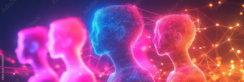 Poster colorful 3d avatars connected by glowing network lines in a vibrant digital social media concept. ge