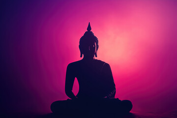 A dark silhouette of Buddha in a meditative pose, centered against a soft glowing gradient background, symbolizes enlightenment
