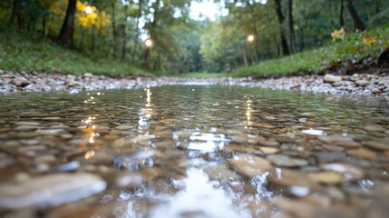 Fototapeta premium Clear water flows over smooth pebbles in a shallow forest stream during daytime.