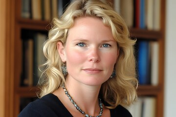 Blonde woman portrait, library background