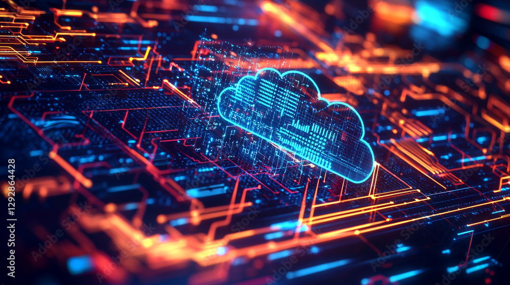 Poster abstract digital cloud computing network technology illustration red data blue cyber board lines